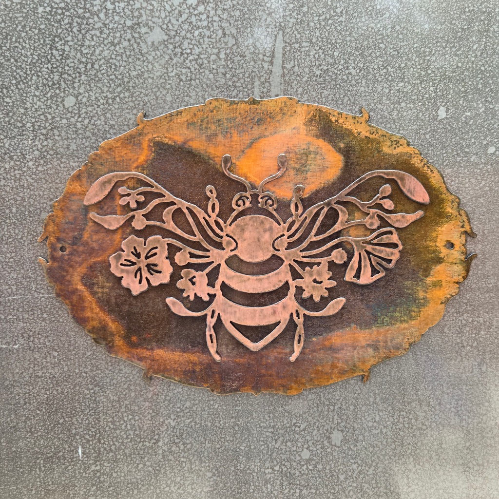 Floral Bee Copper Patina Metal Wall Art