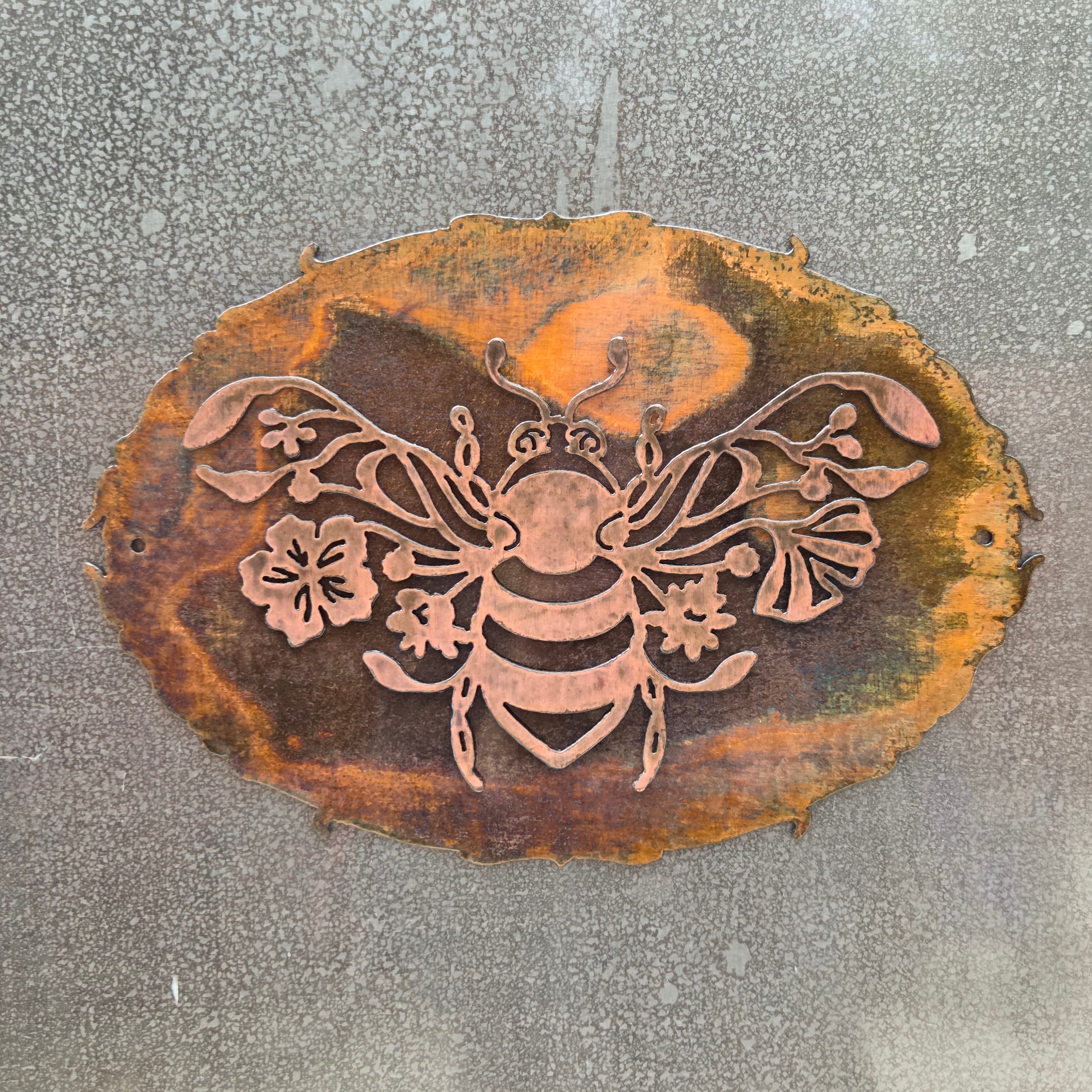 Floral Bee Copper Patina Metal Wall Art