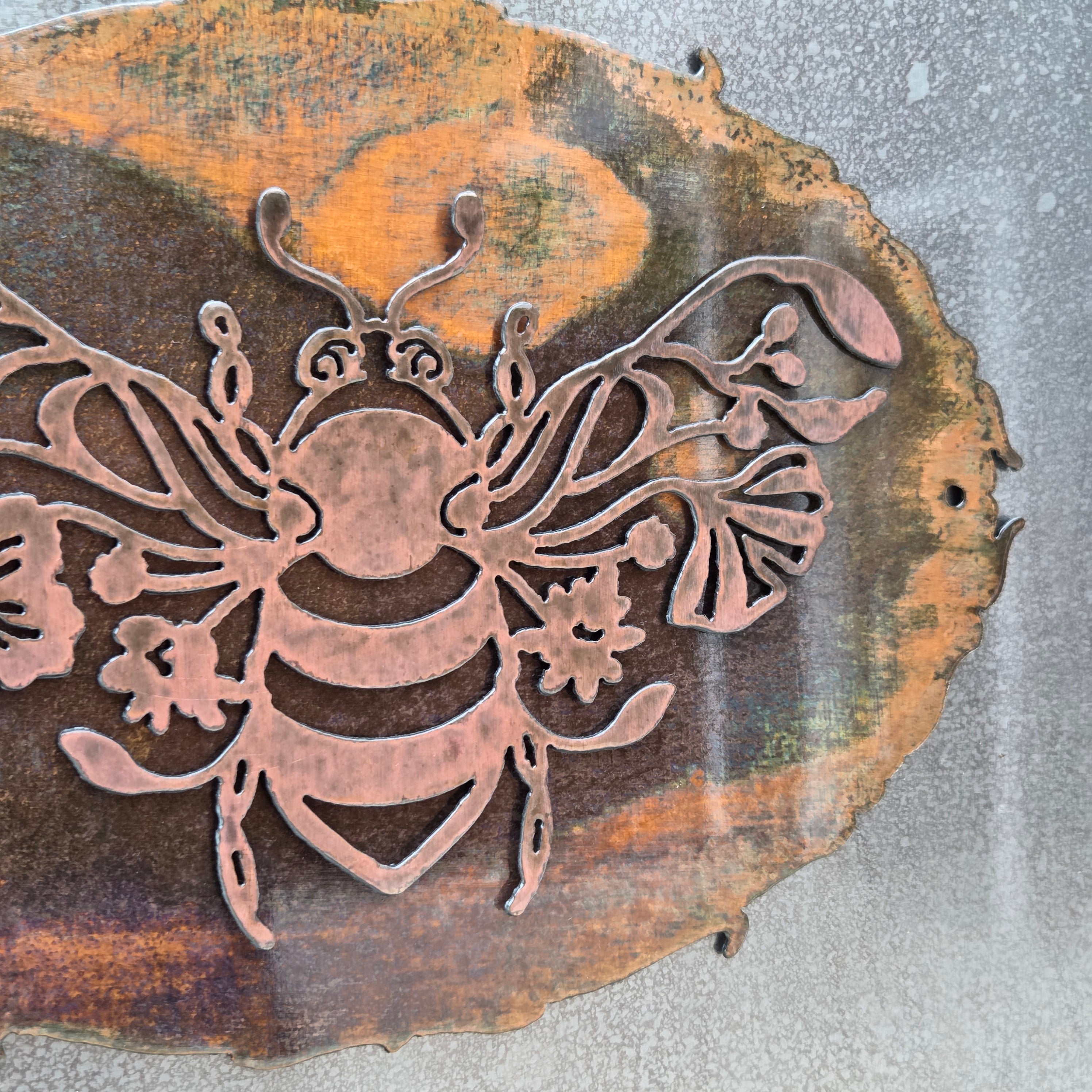 Floral Bee Copper Patina Metal Wall Art