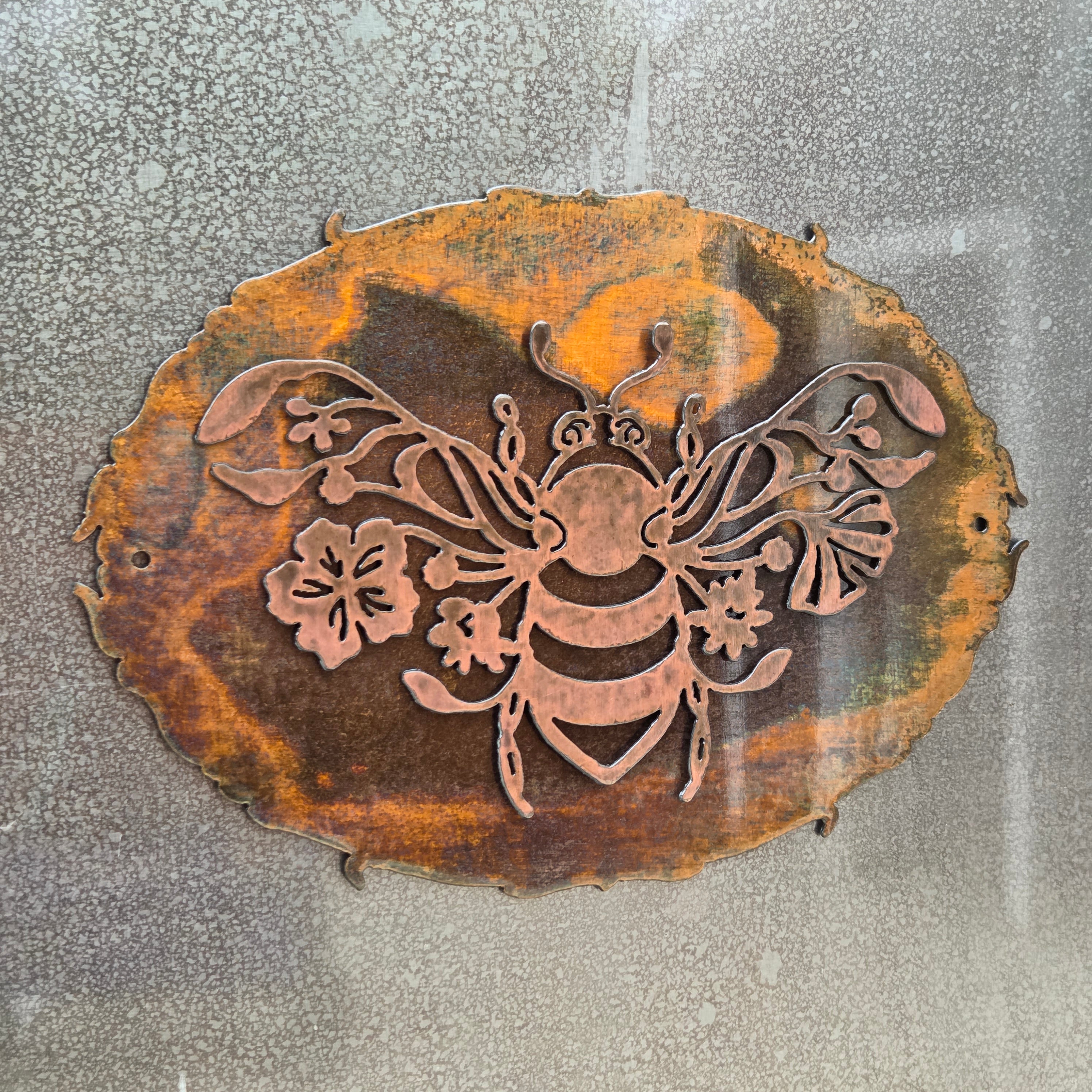 Floral Bee Copper Patina Metal Wall Art