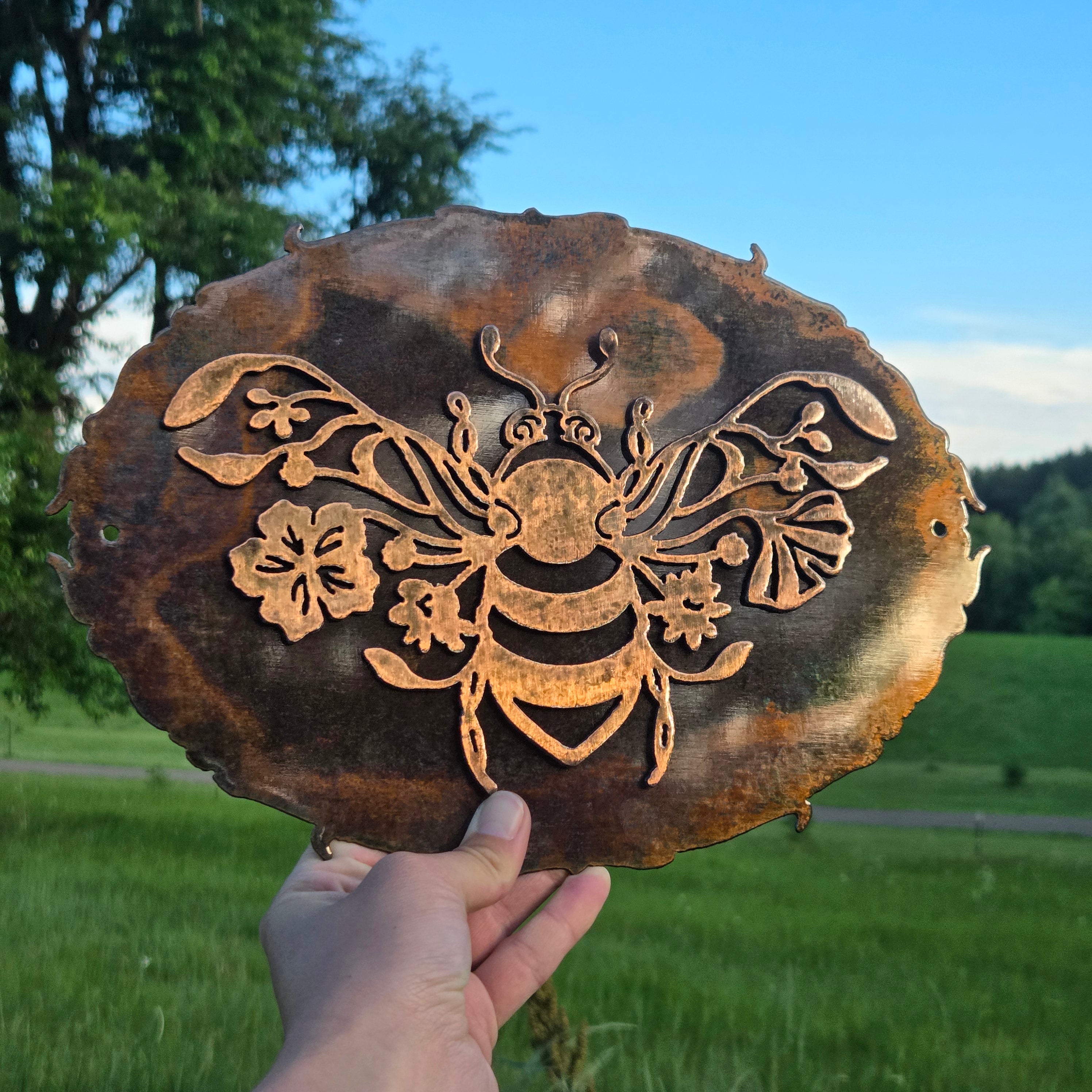 Floral Bee Copper Patina Metal Wall Art