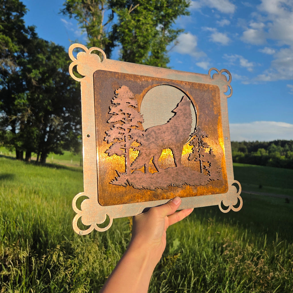 Timber Moon Layered Wolf Metal Wall Art