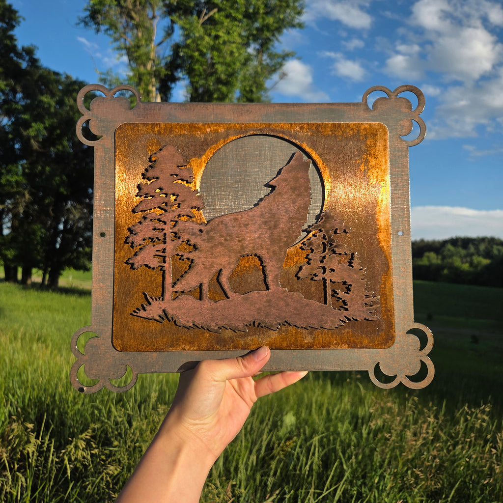 Timber Moon Layered Wolf Metal Wall Art