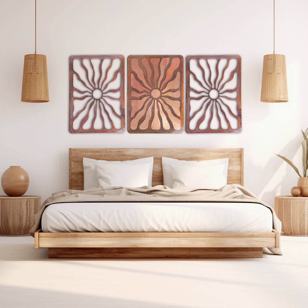 Cocoa Beach coastal metal wall art triptych above bed
Mid century modern copper patina wall art set
Large coastal metal wall decor for bedroom
Sunburst metal wall art set for beach house