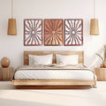 Cocoa Beach coastal metal wall art triptych above bed
Mid century modern copper patina wall art set
Large coastal metal wall decor for bedroom
Sunburst metal wall art set for beach house