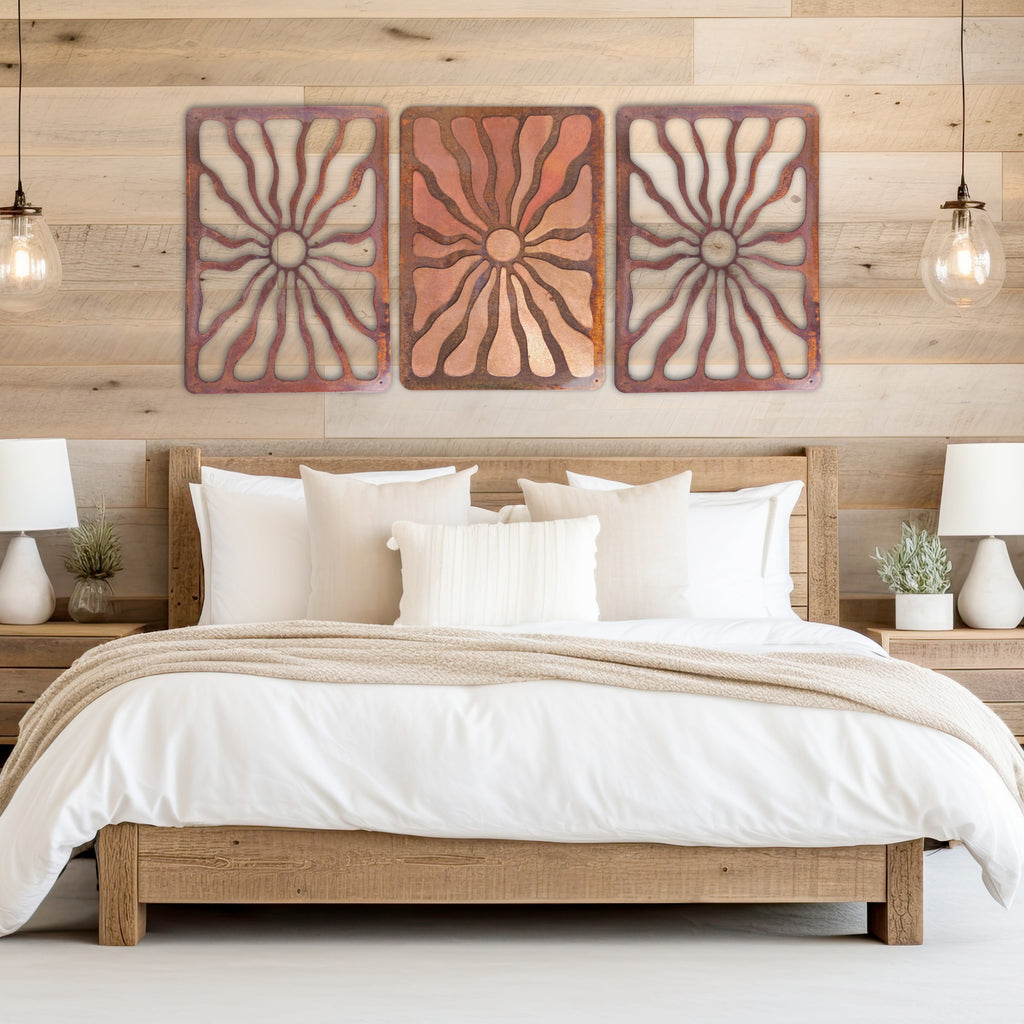Cocoa Beach coastal metal wall art triptych above bed
Mid century modern copper patina wall art set
Large coastal metal wall decor for bedroom
Sunburst metal wall art set for beach house
