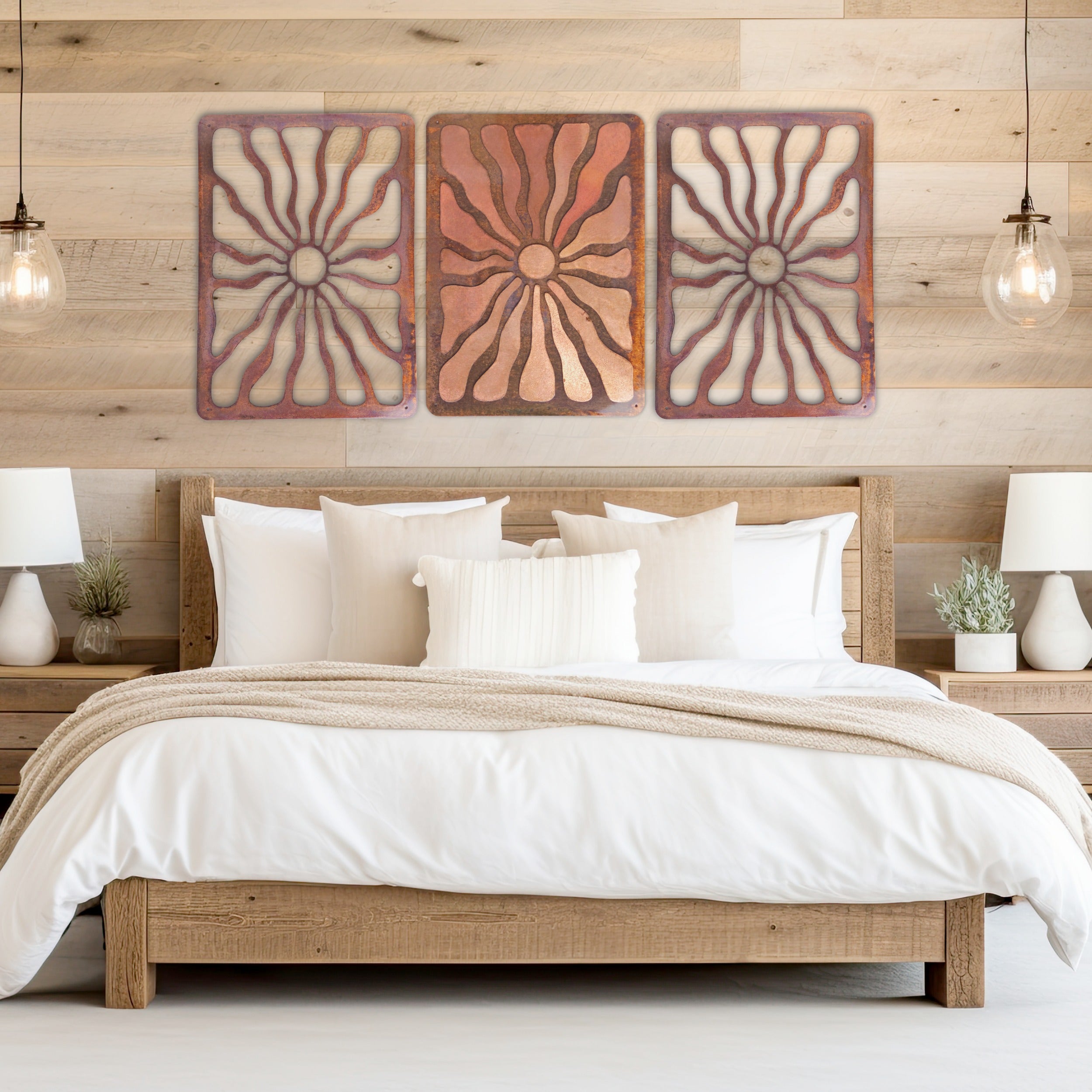 Cocoa Beach coastal metal wall art triptych above bed
Mid century modern copper patina wall art set
Large coastal metal wall decor for bedroom
Sunburst metal wall art set for beach house