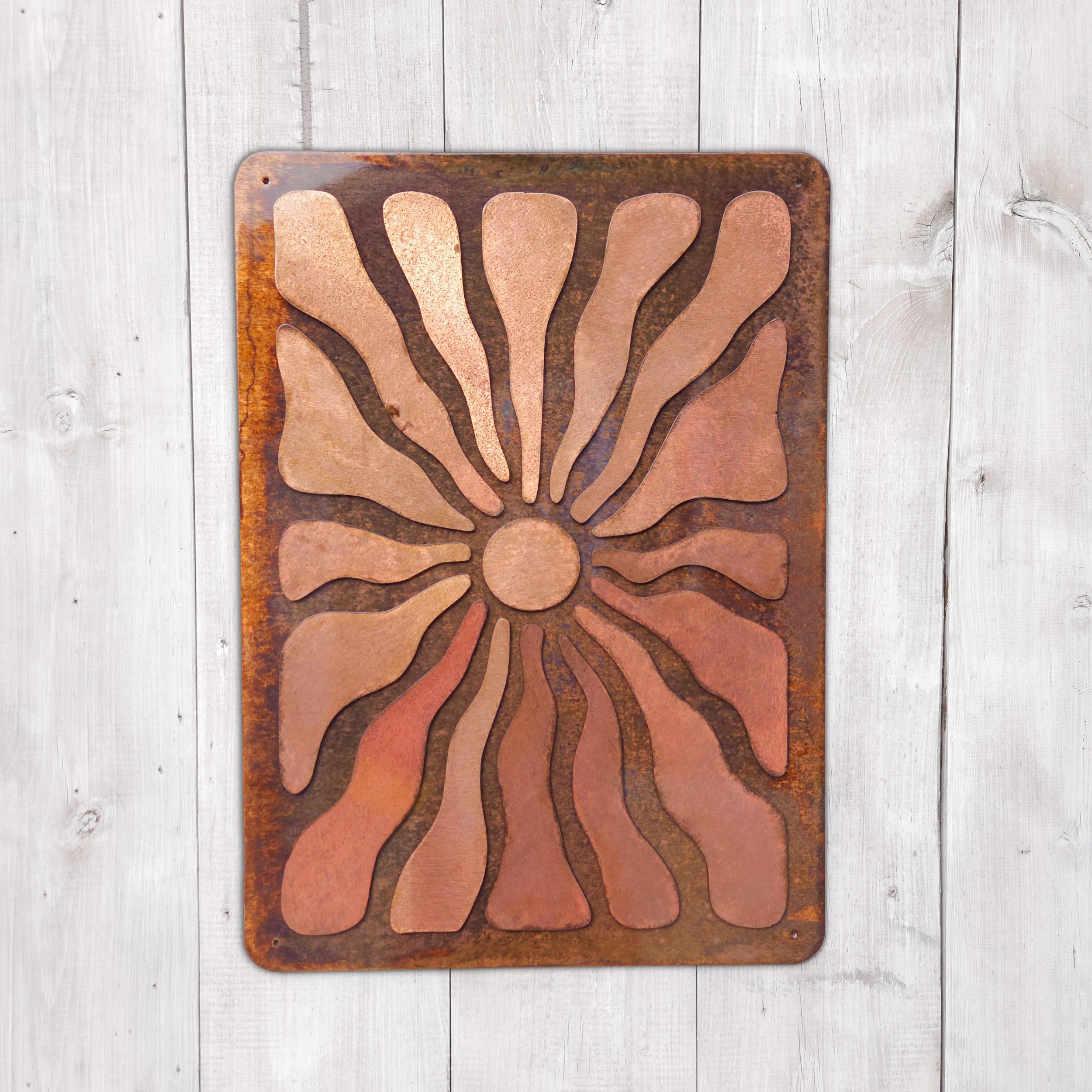 Cocoa Beach coastal metal wall art triptych above bed
Mid century modern copper patina wall art set
Large coastal metal wall decor for bedroom
Sunburst metal wall art set for beach house