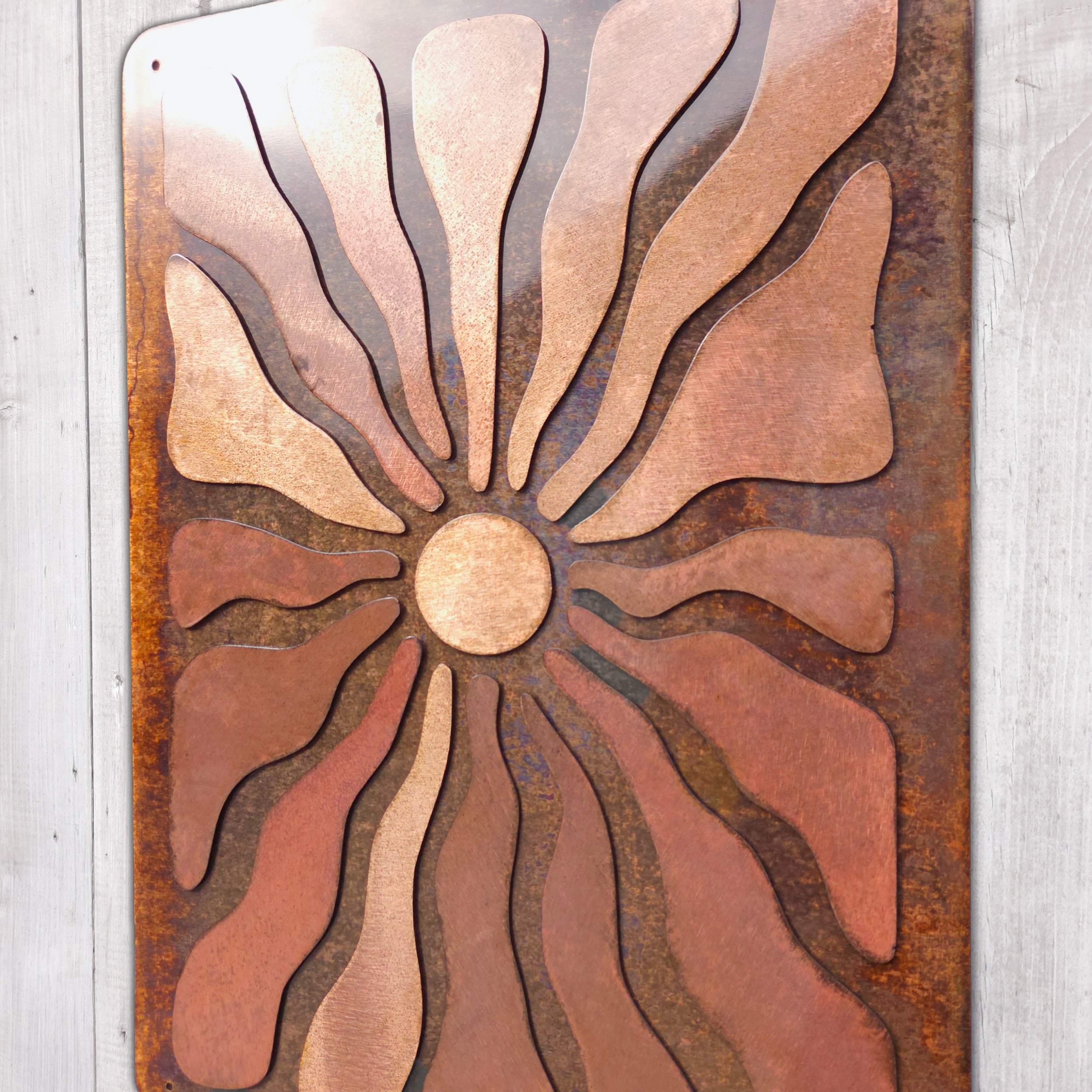 Cocoa Beach coastal metal wall art triptych above bed
Mid century modern copper patina wall art set
Large coastal metal wall decor for bedroom
Sunburst metal wall art set for beach house
