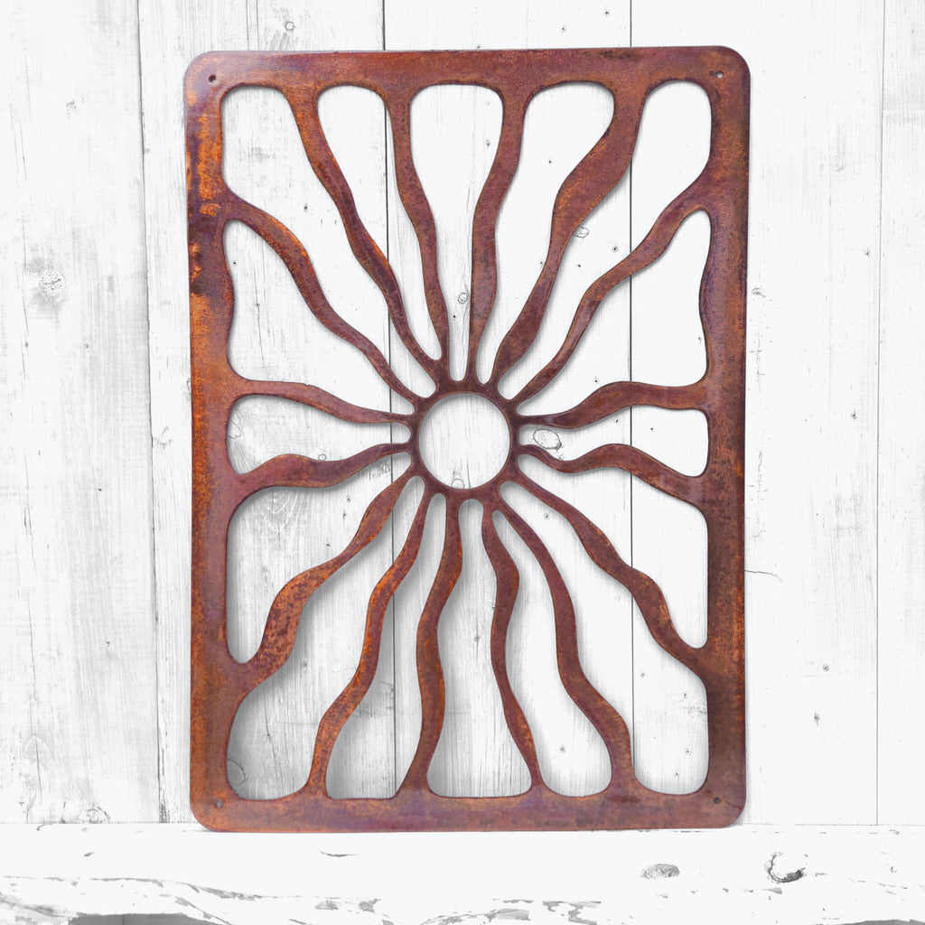 Cocoa Beach coastal metal wall art triptych above bed
Mid century modern copper patina wall art set
Large coastal metal wall decor for bedroom
Sunburst metal wall art set for beach house