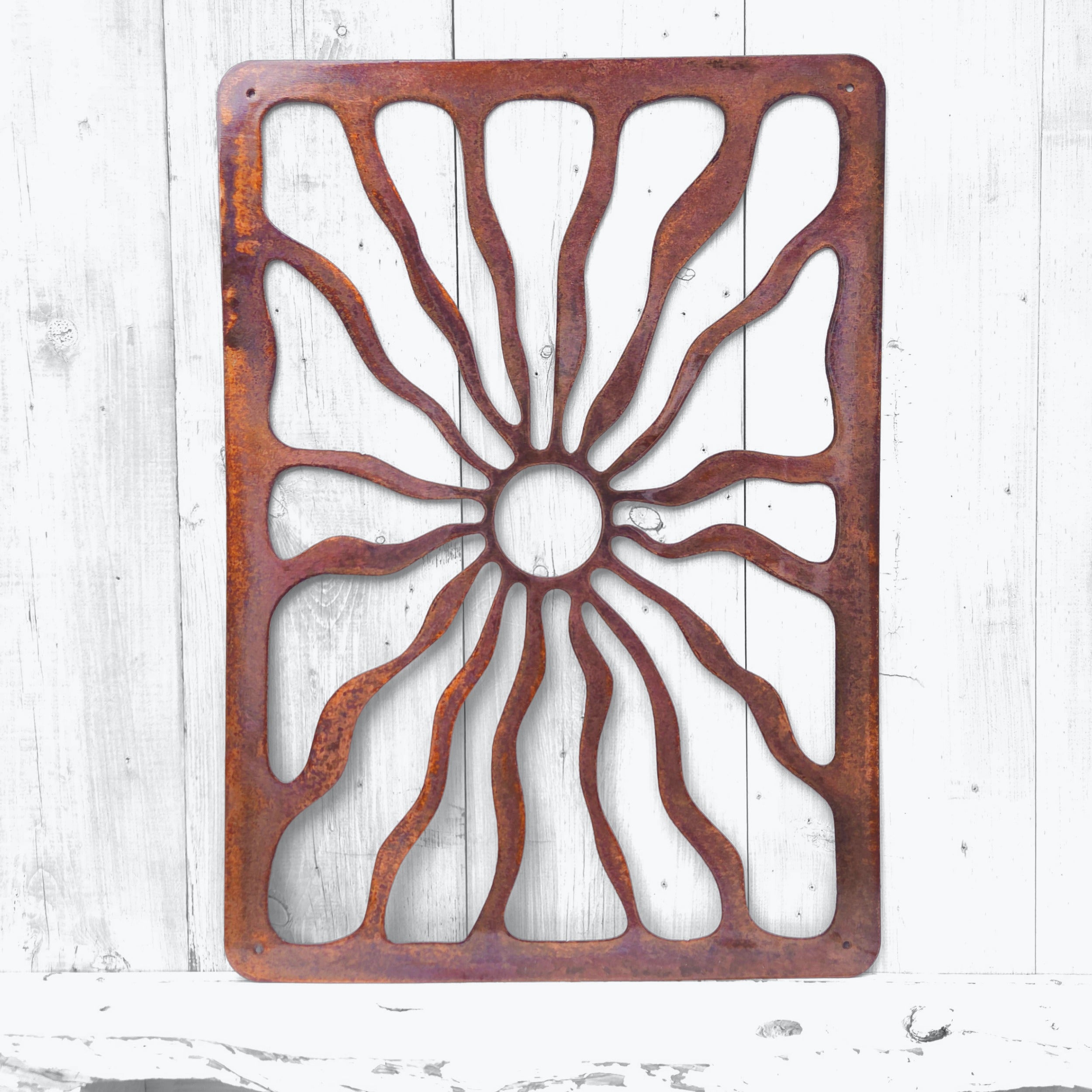 Cocoa Beach coastal metal wall art triptych above bed
Mid century modern copper patina wall art set
Large coastal metal wall decor for bedroom
Sunburst metal wall art set for beach house
