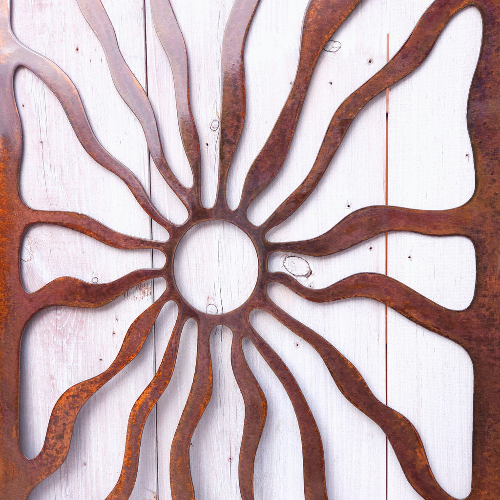 Cocoa Beach coastal metal wall art triptych above bed
Mid century modern copper patina wall art set
Large coastal metal wall decor for bedroom
Sunburst metal wall art set for beach house