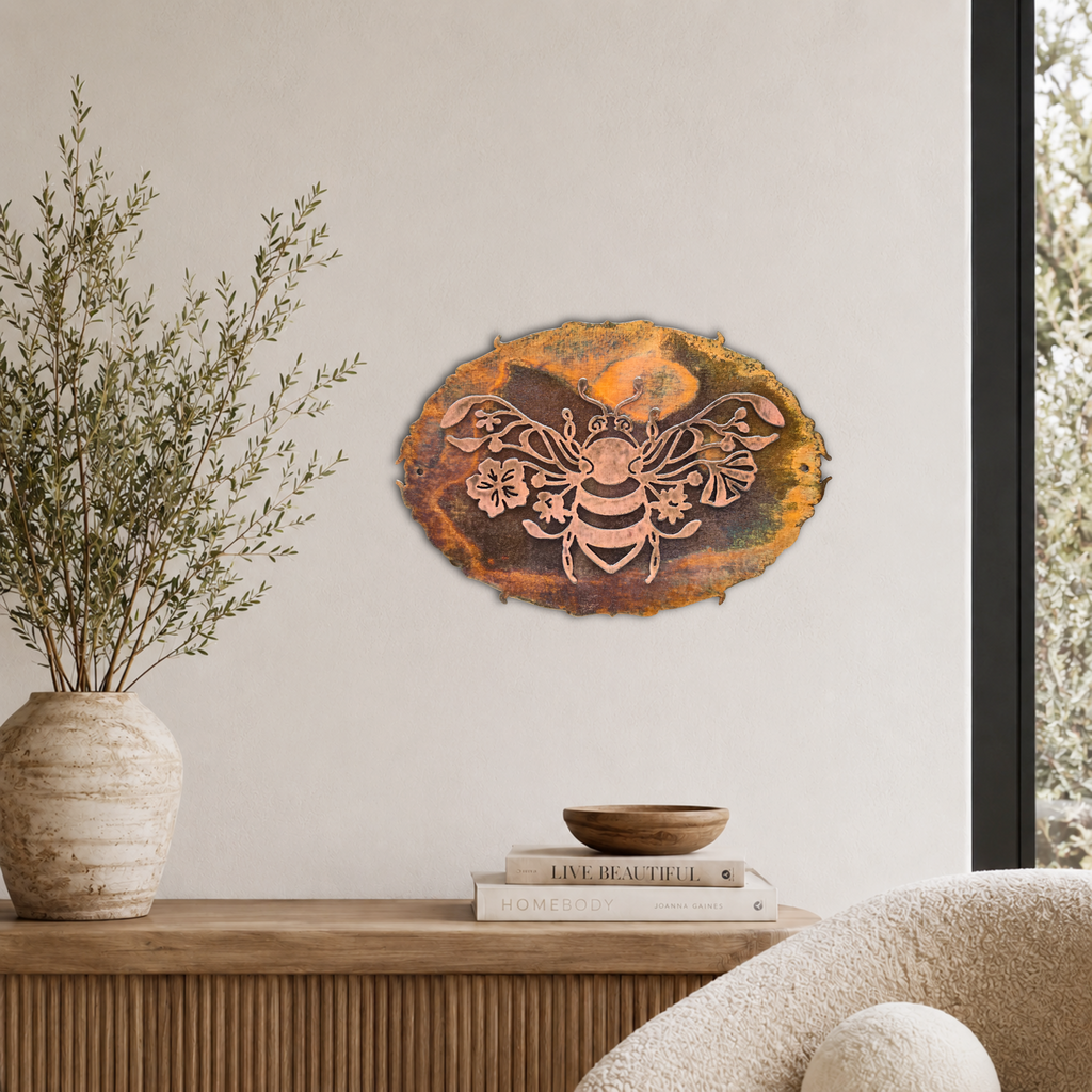 Floral Bee Copper Patina Metal Wall Art