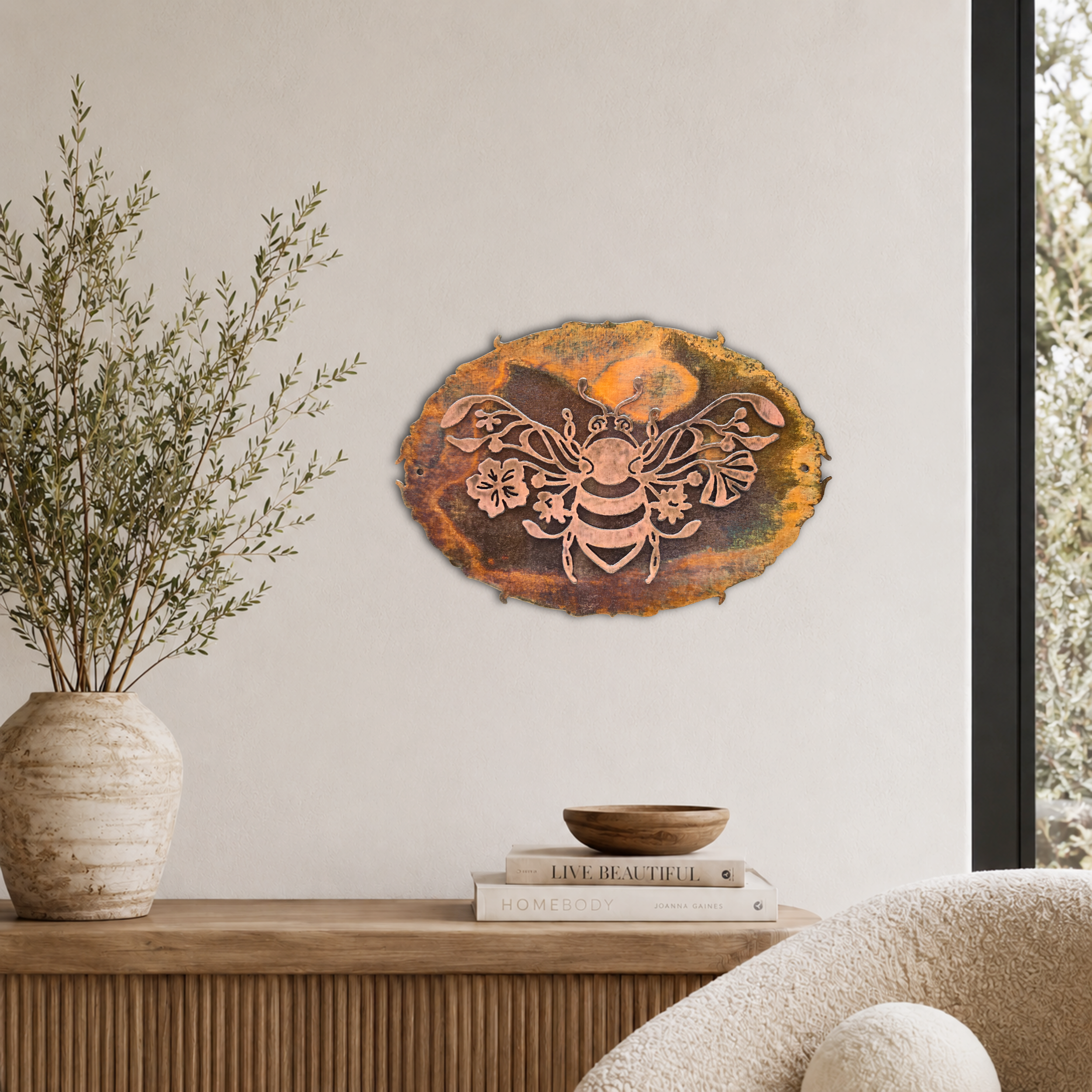Floral Bee Copper Patina Metal Wall Art