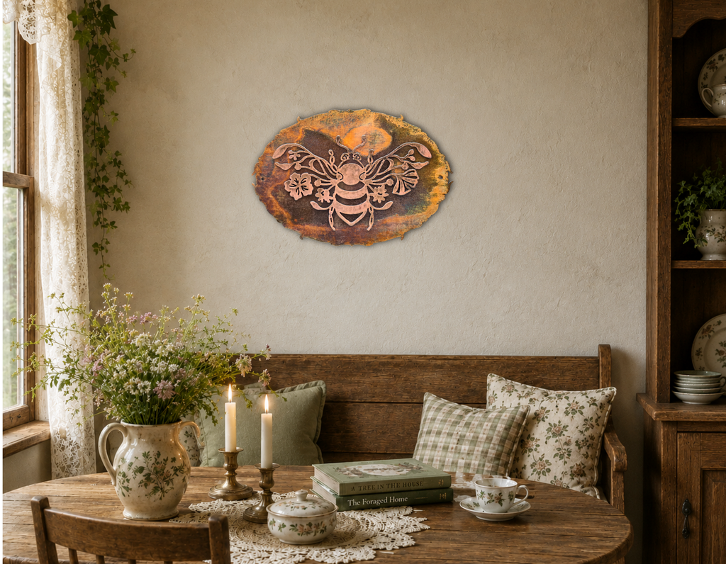 Floral Bee Copper Patina Metal Wall Art